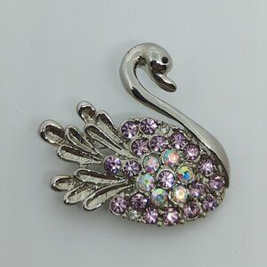 Silver-Tone Swan Brooch Pin With Purple Pink Iridescent Rhinestones